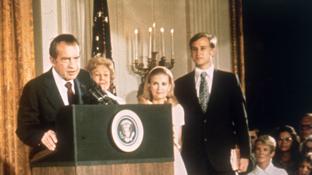 PHOTO: American politician Richard Nixon at the White House with his family after his resignation as President, August 9, 1974.