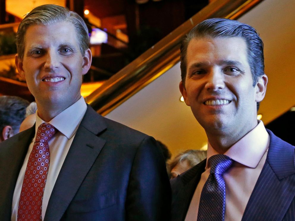 PHOTO: Eric Trump and Donald Trump Jr., executive vice presidents of The Trump Organization, pose for a photograph at an event for Scion Hotels, a division of Trump Hotels, June 5, 2017, in New York. 