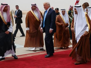 PHOTO: President Donald Trump began his first foreign trip with a stop in Saudi Arabia, a long-time ally in the Arab world, welcomed by King Salmon in Riyadh, May 20, 2017.