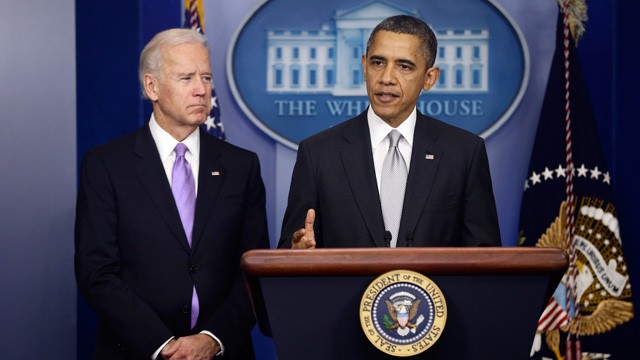 PHOTO: President Barack Obama stands with Vice President Joe Biden as he makes a statement on Dec. 19, 2012, in the Brady Press Briefing Room at the White House in Washington, about policies he will pursue following the massacre at Sandy Hook Elementary S