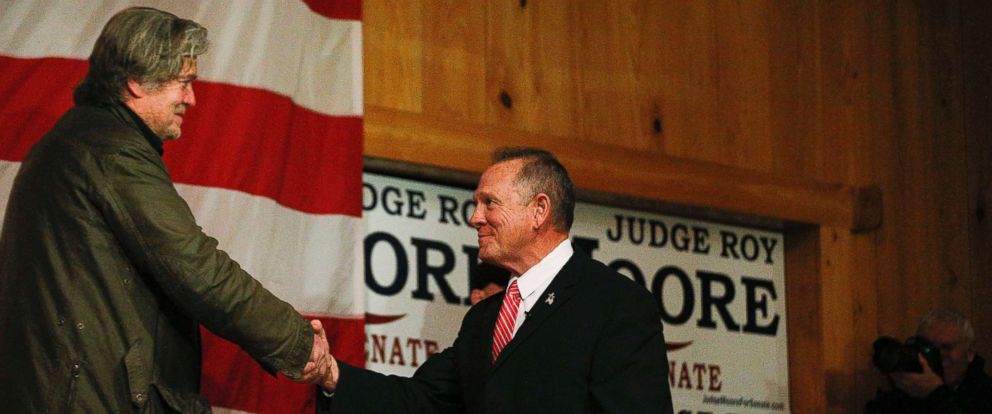 PHOTO: Steve Bannon, left, introduces U.S. senatorial candidate Roy Moore, right, during a campaign rally, Tuesday, Dec. 5, 2017, in Fairhope, Ala.
