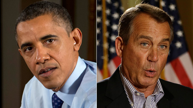 PHOTO: President Barack Obama gestures as he speaks to the media during a visit with to Falls Church, Va., Thursday, Dec. 6, 2012 and House Speaker John Boehner of Ohio gestures as he speaks during a news conference on Capitol Hill in Washington, Friday,