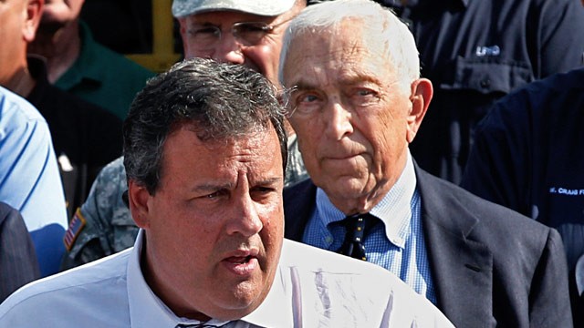 PHOTO: Sen. Frank Lautenberg, right, D-NJ, listens as New Jersey Gov. Chris Christie addresses a gathering in Lincoln Park, N.J., in this Aug. 31, 2011 photo.