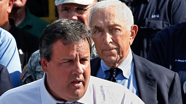PHOTO: Sen. Frank Lautenberg, right, D-NJ, listens as New Jersey Gov. Chris Christie addresses a gathering in Lincoln Park, N.J., in this Aug. 31, 2011 photo.