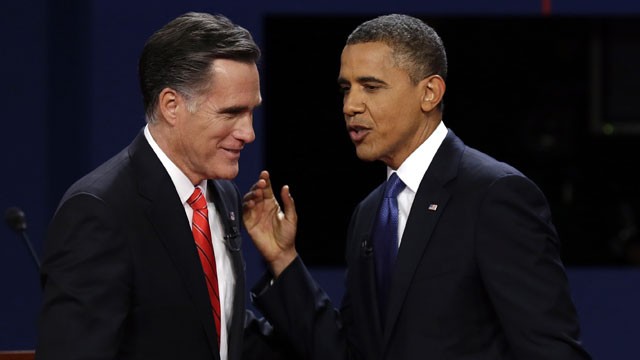 PHOTO: Republican presidential nominee Mitt Romney and President Barack Obama talks after the first presidential debate at the University of Denver, Wednesday, Oct. 3, 2012, in Denver.