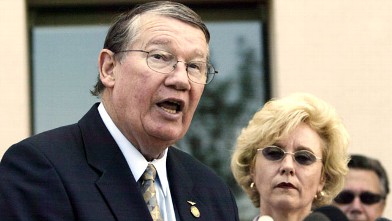 PHOTO: Republican U.S. Rep. Randy "Duke" Cunningham and his wife Nancy, are shown during a news conference in this July 14, 2005, photo taken in San Marcos, Calif.