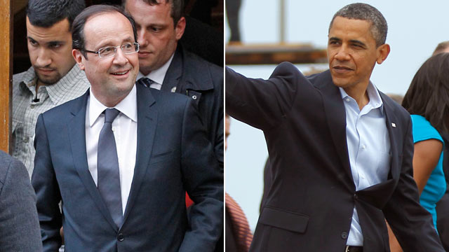 PHOTO:President-elect Francois Hollande leaves his campaign headquarters in Paris, left, President Barack Obama waves to a crowd before leaving the airport, in Richmond, Va.
