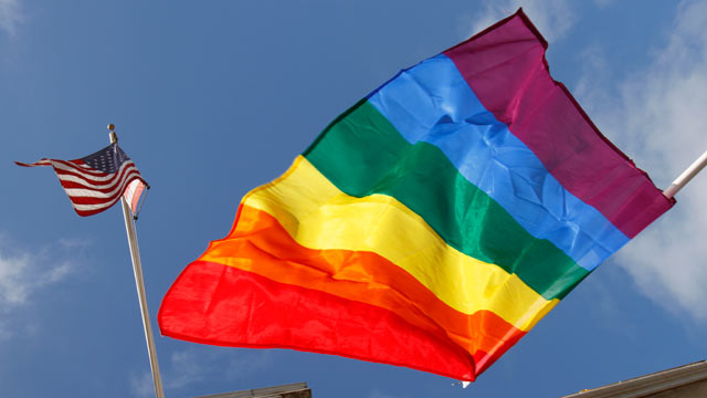 PHOTO: A rainbow flag flies below the American flag outside City Hall in San Francisco, Aug. 12, 2010.