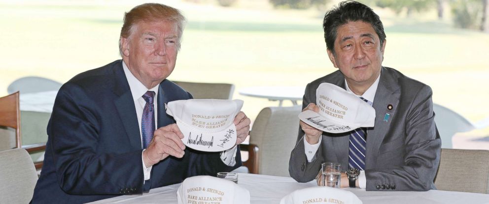 PHOTO: U.S. President Donald Trump (L) meets Japans Prime Minister Shinzo Abe at Kasumigaseki Country Club to play golf in Saitama Prefecture on Nov. 5, 2017. Trump came to Japan for the first time as a President, and will stay in Japan until Nov. 7th.