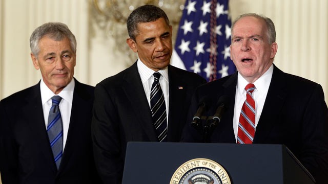 PHOTO: President Barack Obama and his choice for Defense Secretary, former Nebraska Sen. Chuck Hagel, left, listen as he choice for new CIA Director, current Deputy National Security Adviser for Homeland Security and Counterterrorism, John Brennan, speaks