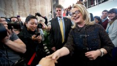 PHOTO: Secretary of State Hillary Rodham Clinton bids farewell to State Department employees at the State Department in Washington, Feb. 1, 2103, before departing the State Department for the final time as secretary of state.