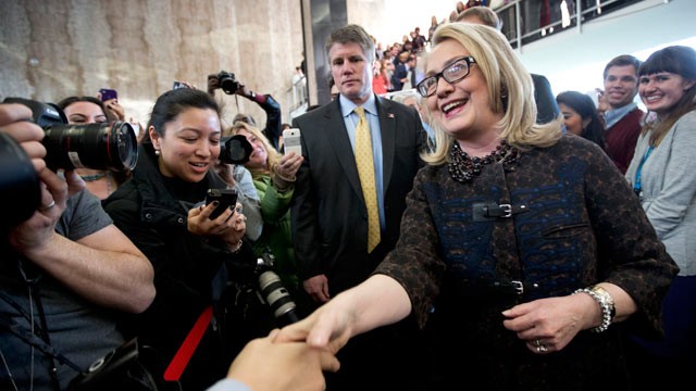 PHOTO: Secretary of State Hillary Rodham Clinton bids farewell to State Department employees at the State Department in Washington, Feb. 1, 2103, before departing the State Department for the final time as secretary of state.