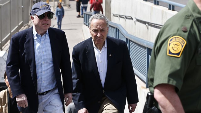PHOTO: U.S. Sen. John McCain, R-Ariz., left, and Sen. Chuck Schumer, D-N.Y., tour the Nogales port of entry during their tour of the Mexico border with the United States on Wednesday, March 27, 2013, in Nogales, Ariz.
