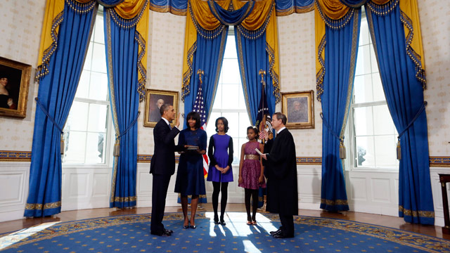 PHOTO: President Barack Obama is officially sworn-in by Chief Justice John Roberts in the Blue Room of the White House during the 57th Presidential Inauguration in Washington, Sunday, Jan. 20, 2013.
