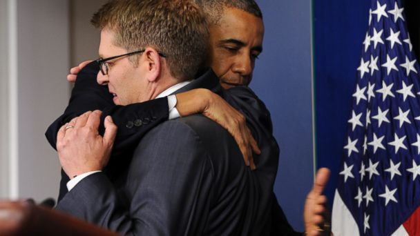 President Barack Obama gives White House press secretary Jay Carney a hug after announcing that Carney will step down later next month, during a surprise visit to the Brady Press Briefing Room of the White House, May 30, 2014. ap jay carney obama kb 140530 16x9 608 A Look Back: 5 Memorable Moments at Jay Carney Pressers