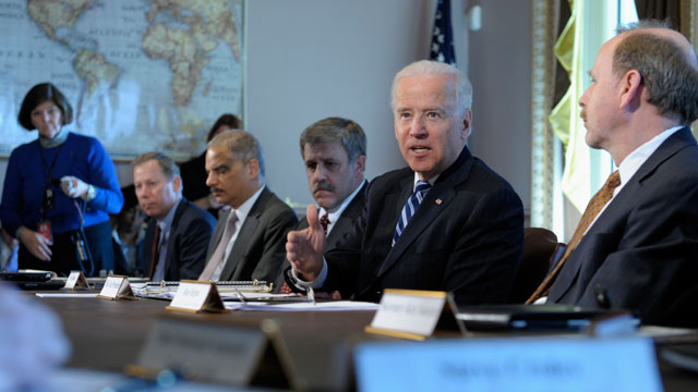 PHOTO: Vice President Joe Biden, second from right, gestures as he speaks during a meeting with Sportsmen and Women and Wildlife Interest Groups and member of his cabinet, Jan. 10, 2013, in Washington.