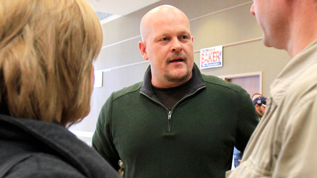 PHOTO: Republican congressional candidate Samuel Wurzelbacher, better known as Joe the Plumber, talks with supporters after giving a speech, Feb. 24, 2012, in Rocky River, Ohio.