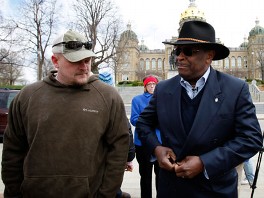 PHOTO: Former Godfather's Pizza CEO Herman Cain talks with Samuel "Joe the Plumber" Wurzelbacher, left, before speaking at a tea party rally in this  April 16, 2011 file photo at the Statehouse in Des Moines, Iowa.