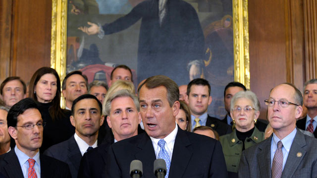 PHOTO: House Speaker John Boehner of Ohio, surrounded by Republican House members speaks during a news conference on Capitol Hill in Washington, Dec. 20, 2011.