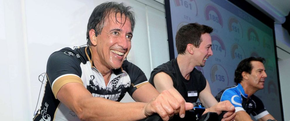PHOTO: Bahram Akradi, Founder, Chairman, President and CEO, Life Time Fitness, teaches EDGE Cycle at the opening of Life Time Athletic at Sky, Wednesday, June 1, 2016, in New York. 