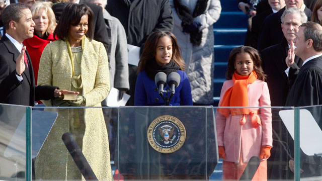 PHOTO: Malia, third from left, and Sasha, stand with their parents as Barack Obama takes the oath of office to become the 44th president of the United States at the U.S. Capitol in Washington, Jan. 20, 2009.