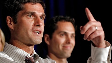 PHOTO: Matt Romney, left, and Craig Romney, both sons of Republican presidential candidate Mitt Romney, speak at an Arizona Primary night party, Feb. 28, 2012, in Phoenix, AZ.