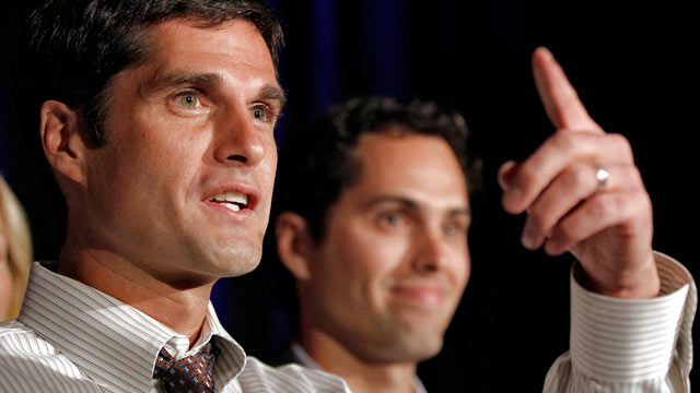 PHOTO: Matt Romney, left, and Craig Romney, both sons of Republican presidential candidate Mitt Romney, speak at an Arizona Primary night party, Feb. 28, 2012, in Phoenix, AZ.