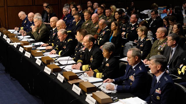 PHOTO: Joint Chiefs Chairman Gen. Martin Dempsey and other top military personnel testify on Capitol Hill in Washington, June 4, 2013, before the Senate Armed Services Committee hearing on pending legislation regarding sexual assaults in the military.
