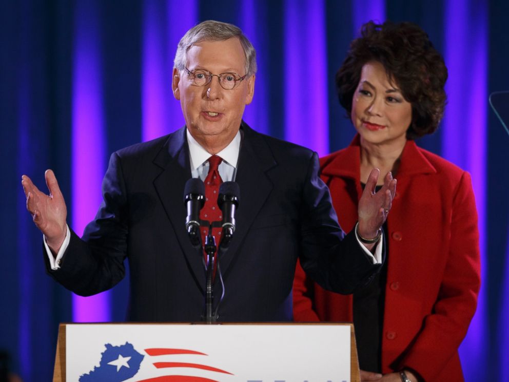 PHOTO: Senate Minority Leader Mitch McConnell of Ky., joined by his wife, former Labor Secretary Elaine Chao, celebrates with his supporters at an election night party in Louisville, Ky., Nov. 4, 2014.