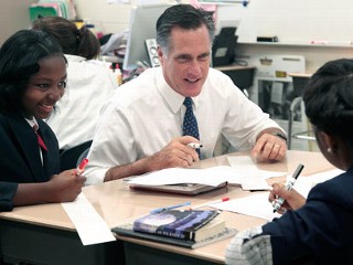 PHOTO: Republican presidential candidate, former Massachusetts Gov. Mitt Romney,  takes part in the 6th grade language arts class during a tour of the Universal Bluford Charter School, May 24, 2012, in Philadelphia.