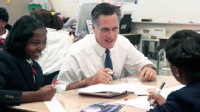 PHOTO: Republican presidential candidate, former Massachusetts Gov. Mitt Romney, takes part in the 6th grade language arts class during a tour of the Universal Bluford Charter School, May 24, 2012, in Philadelphia.