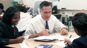 PHOTO: Republican presidential candidate, former Massachusetts Gov. Mitt Romney,  takes part in the 6th grade language arts class during a tour of the Universal Bluford Charter School, May 24, 2012, in Philadelphia.