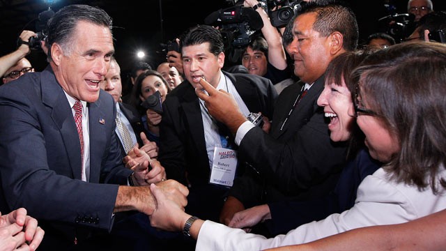 PHOTO: Republican presidential candidate Mitt Romney, greets attendees at the NALEO conference in Orlando, Fla., June 21, 2012.