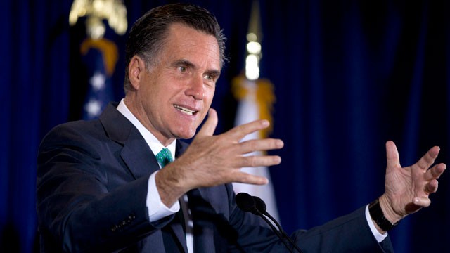 PHOTO: Republican presidential candidate, Mitt Romney gestures while speaking in San Diego, Calif on March 26, 2012.
