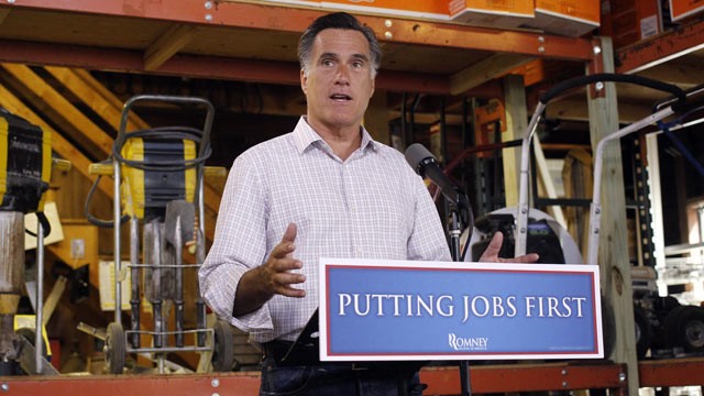 PHOTO: Republican presidential candidate, former Massachusetts Gov. Mitt Romney speaks about job numbers on July 6, 2012, at Bradleys Hardware in Wolfeboro, N.H.