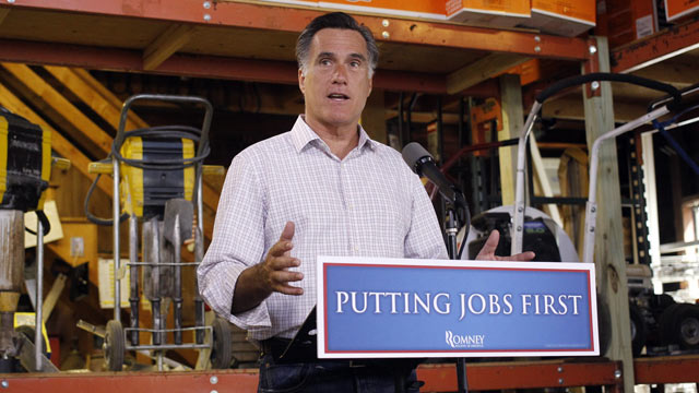 PHOTO: Republican presidential candidate, former Massachusetts Gov. Mitt Romney speaks about job numbers on July 6, 2012, at Bradleys Hardware in Wolfeboro, N.H.