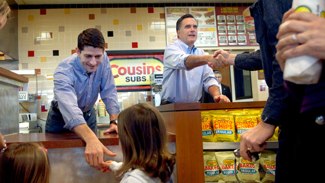 PHOTO: Republican presidential candidate, former Mass. Gov. Mitt Romney, accompanied by House Budget Committee Chairman Rep. Paul Ryan, R-Wis, greet people and hand out submarine sandwiches during a campaign stop at a Cousins Subs fast food restaurant in