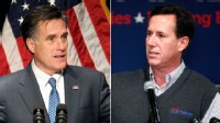 PHOTO: Republican presidential candidate, former Massachusetts Gov. Mitt Romney speaks in Mayfield Heights, Ohio. Republican presidential candidate, former Pennsylvania Sen. Rick Santorum speaks during a rally, Monday, Feb. 20, 2012, in Muskegon, Mich.
