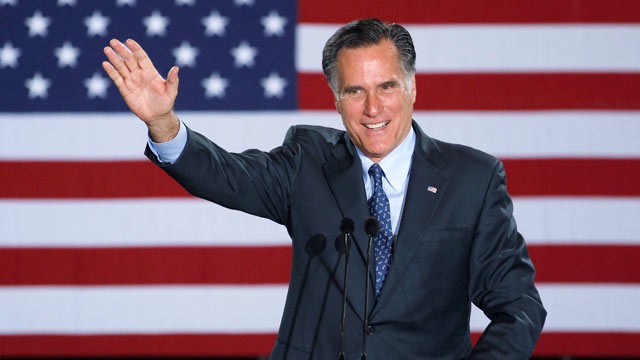 PHOTO: Republican Presidential candidate, former Massachusetts Gov. Mitt Romney declares victory in the Wisconsin presidential primary, April 3, 2012, at the Grain Exchange in Milwaukee.