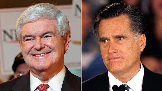 PHOTO: Newt Gingrich, (l), and Mitt Romney are pictured January 21, 2012, on South Carolina presidential primary day, in Spartanburg, S.C.
