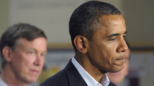 PHOTO: President Obama makes a statement from the University of Colorado Hospital in Aurora, Colo., Sunday, July 22, 2012, after visiting with families of victims of the movie theater shooting as well as local officials.