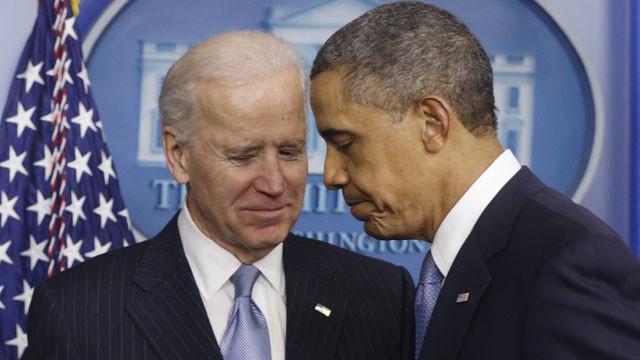 PHOTO: President Barack Obama and Vice President Joe Biden walk away from the podium after Obama made a statement regarding the passage of the fiscal cliff bill in the Brady Press Briefing Room at the White House in Washington, Tuesday, Jan. 1, 2013.