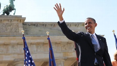 President Barack Obama, stands in front of Brandenburg Gate at Pariser Platz in Berlin, Germany, June 19, 2013.