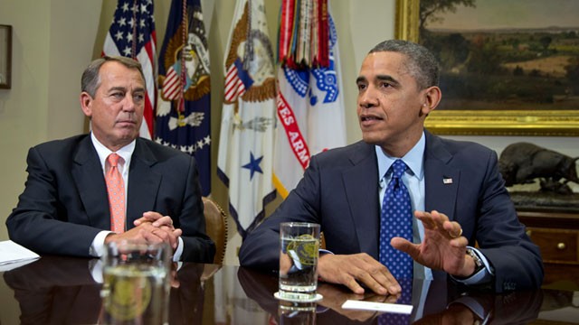 PHOTO: President Barack Obama, accompanied by House Speaker John Boehner of Ohio, speaks to reporters in the Roosevelt Room of the White House in Washington, Nov. 16, 2012, as he hosted a meeting of the bipartisan, bicameral leadership of Congress to disc