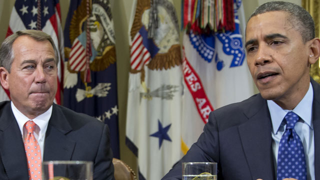 PHOTO: This Nov. 16, 2012 file photo shows President Barack Obama, accompanied by House Speaker John Boehner of Ohio, speaking to reporters in the Roosevelt Room of the White House in Washington, as he hosted a meeting of the bipartisan, bicameral leaders