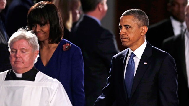 PHOTO: President Barack Obama and first lady Michelle Obama arrive for an interfaith healing service at the Cathedral of the Holy Cross in Boston, April 18, 2013, for victims of Mondays Boston Marathon explosions.