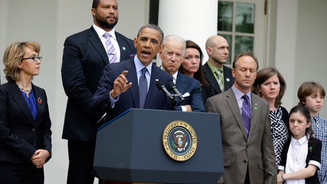 PHOTO: President Barack Obama is joined by Gabby Giffords, left, Vice President Joe Biden, and Newtown family members from left; Jimmy Greene, father of Ana; Nicole Hockley, mother of Dylan; Jeremy Richman, father of Avilee; and Mark and Jackie Barden, wi