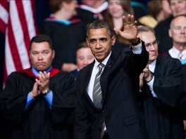 PHOTO: President Barack Obama waves to the crowd after delivering the Joplin High School commencement address a day before the anniversary of the twister that killed 161 people, Monday, May 21, 2012, in Joplin, Mo.
