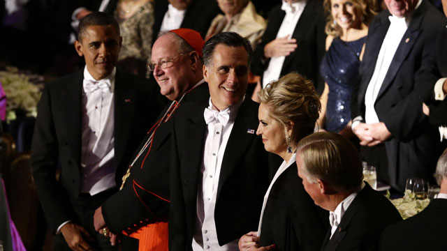 PHOTO: Republican presidential candidate and former Massachusetts Gov. Mitt Romney and President Barack Obama, left, attend the 67th annual Alfred E. Smith Memorial Foundation Dinner, a charity gala organized by the Archdiocese of New York, Thursday, Oct.