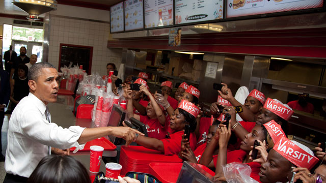 PHOTO: President Barack Obama places an order at The Varsity restaurant, Tuesday, June 26, 2012, in Atlanta.